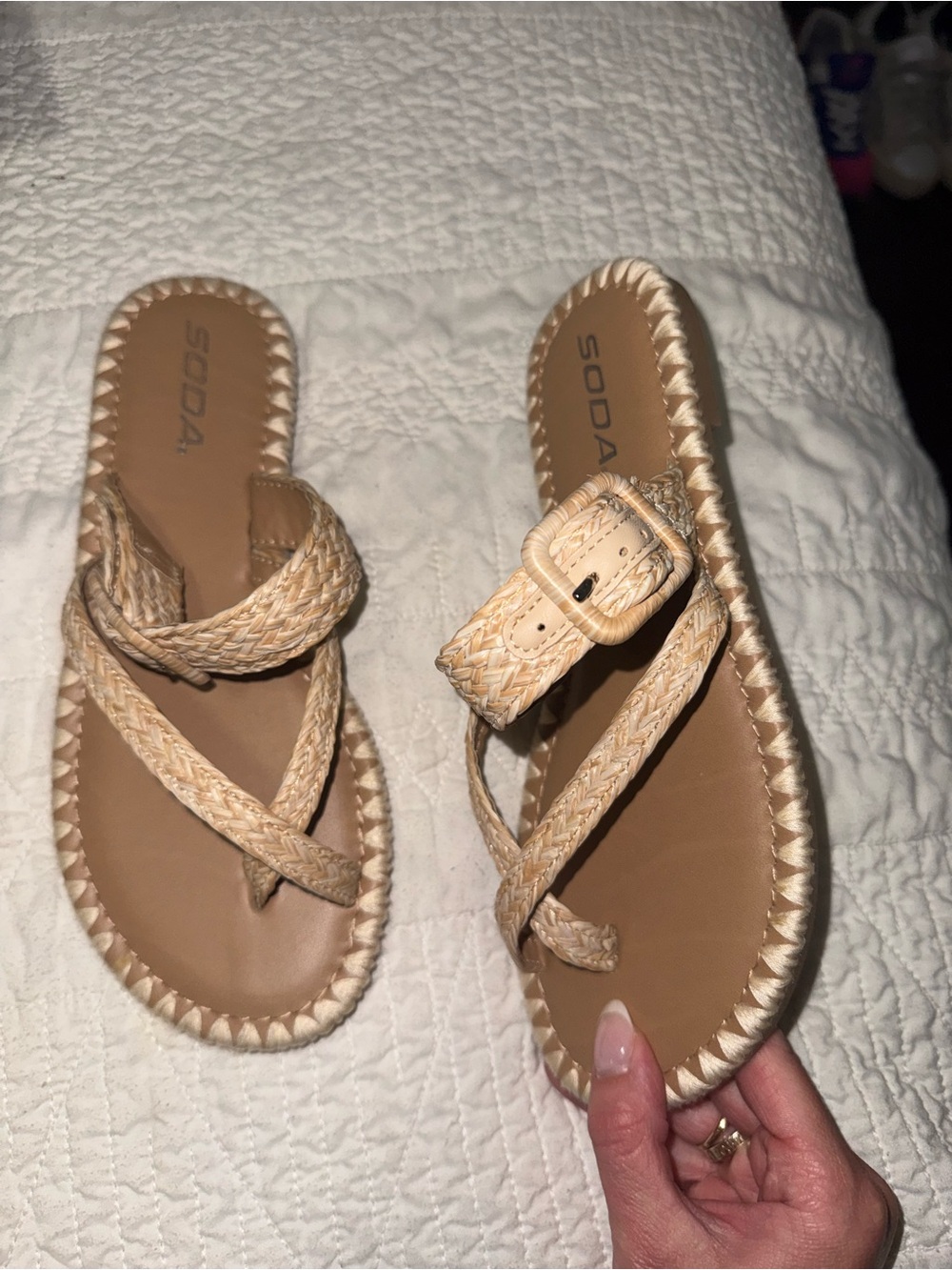Soda Beige Braided Buckle Slide Sandals